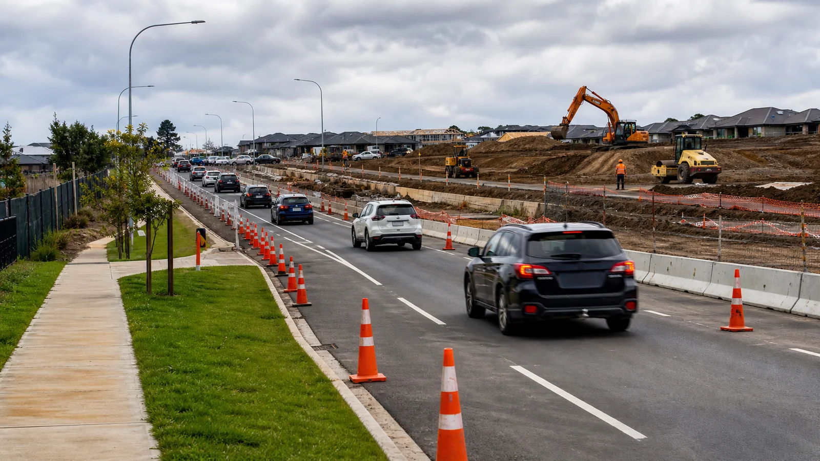 Suburban arterial road beside construction sites with temporary traffic management cones and barriers