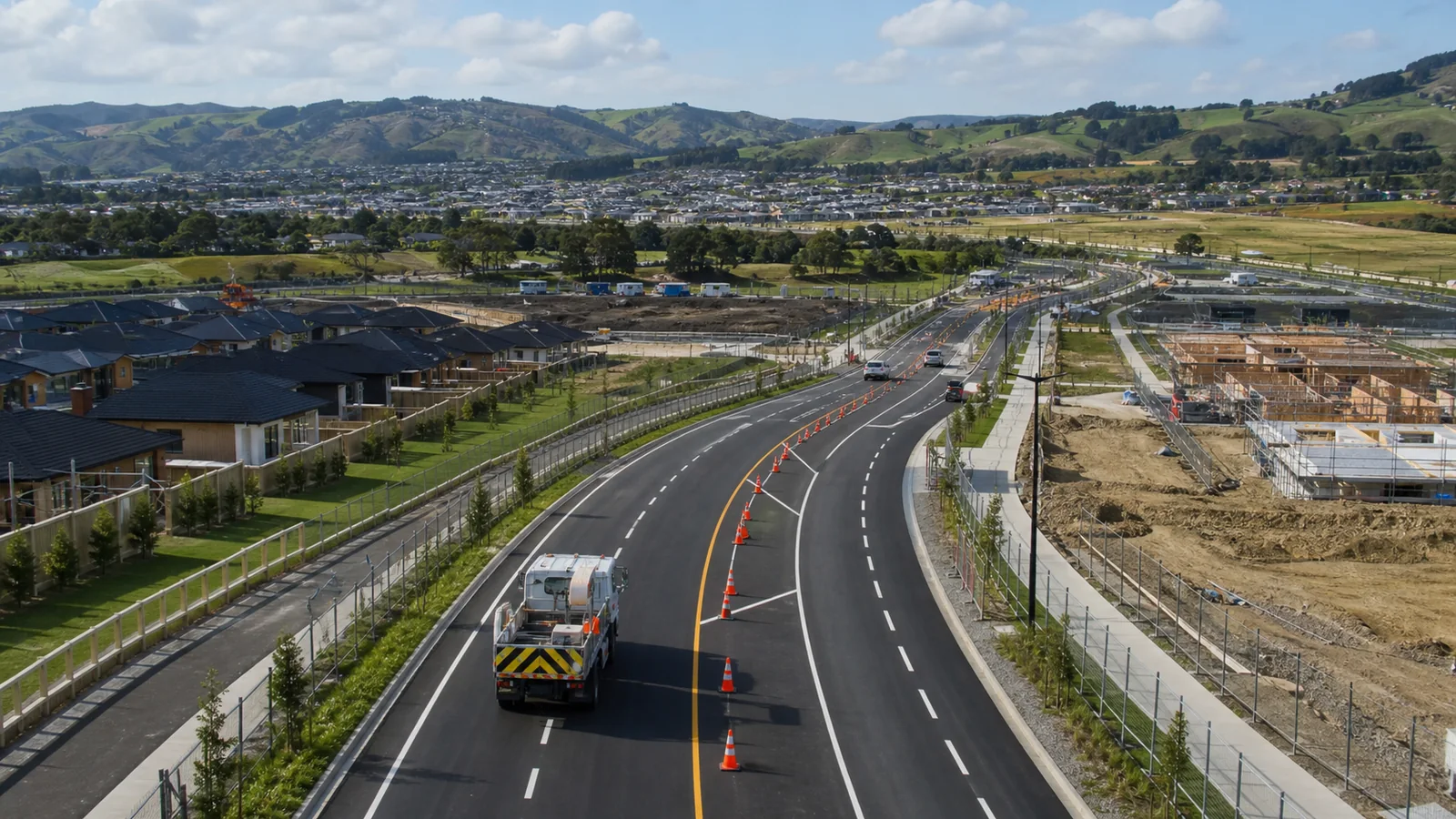New Zealand growth suburb corridor with housing construction, road works and traffic cones