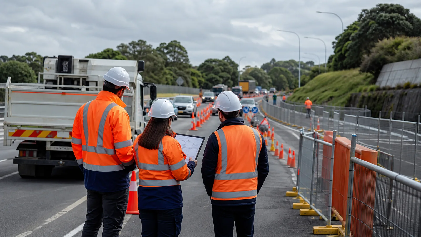 Traffic management planning team coordinating safe worksite access with cones, barriers and a work truck