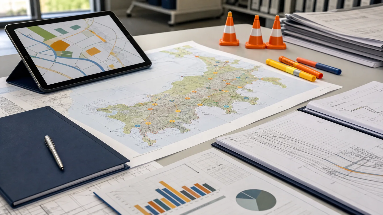 Planning desk with map markers, traffic cone models and infrastructure plans