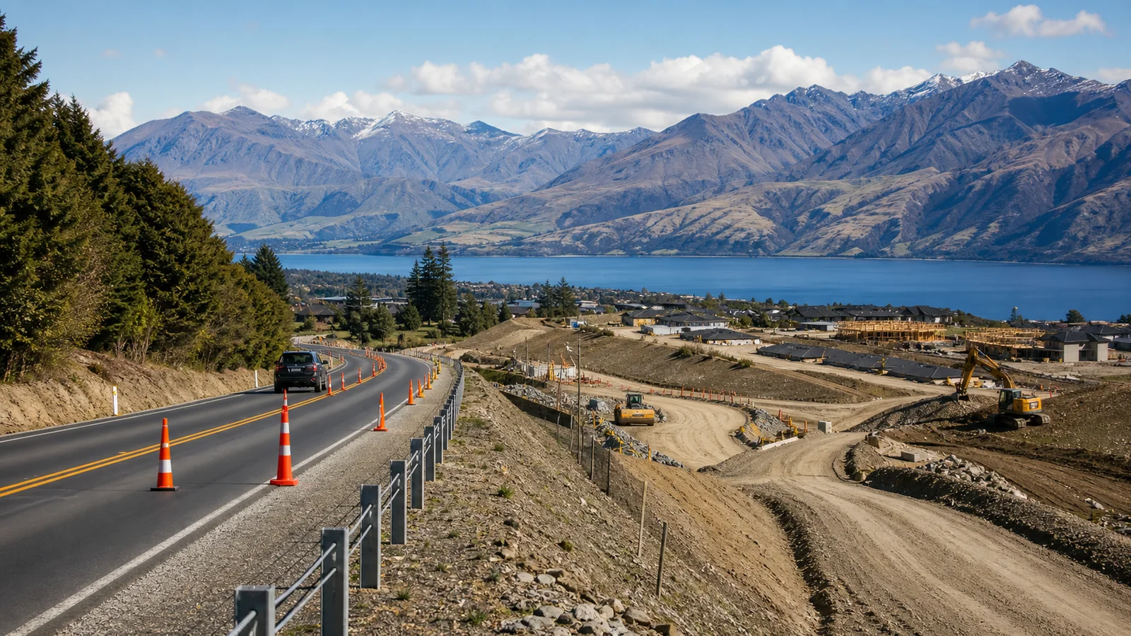Scenic New Zealand regional road corridor with subdivision earthworks, construction access and cones
