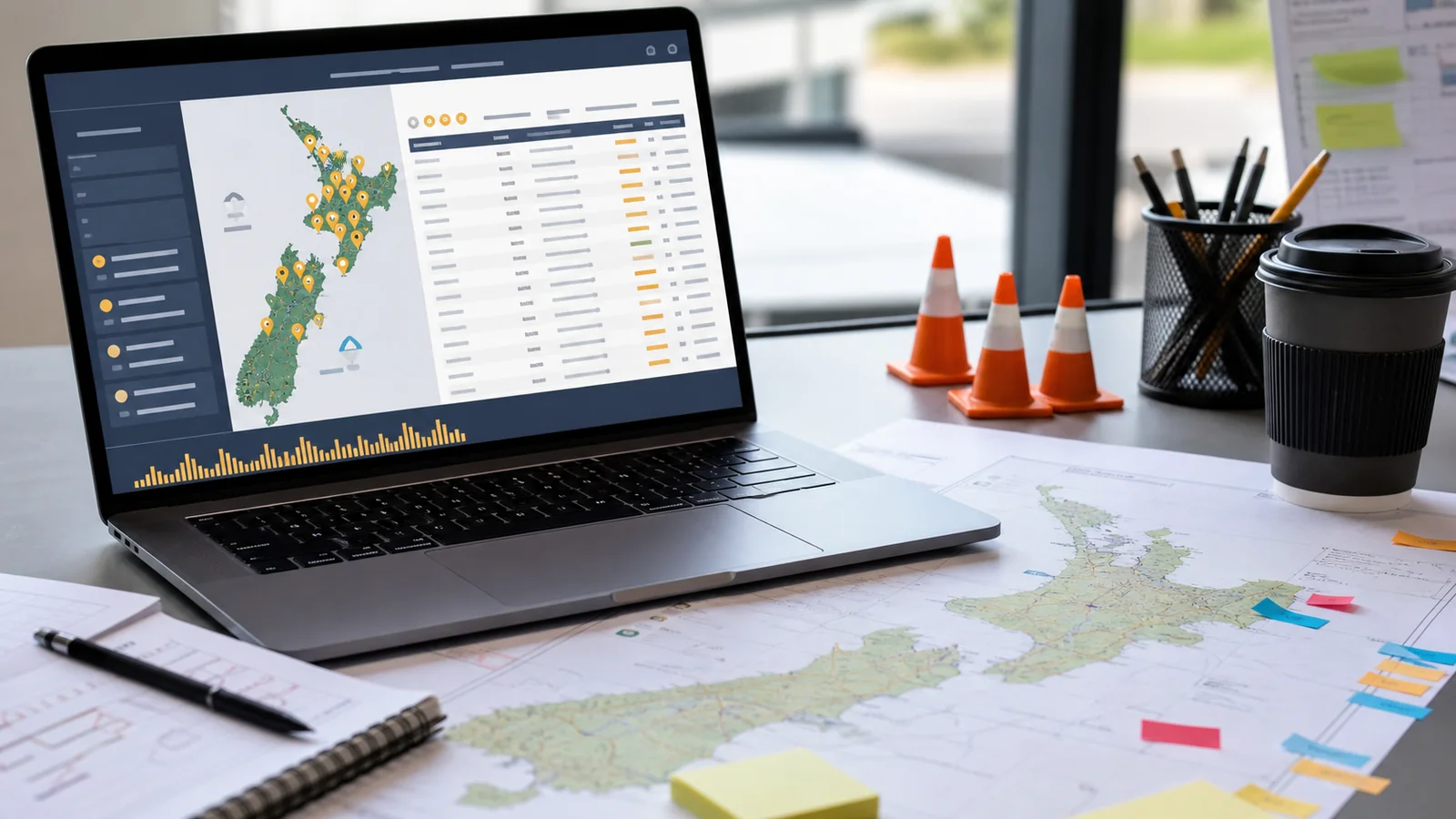 Planning desk with abstract growth suburb dashboard, New Zealand map and traffic management markers
