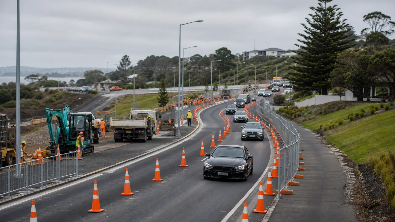 Temporary traffic management corridor with lane cones, pedestrian barriers and road works crew